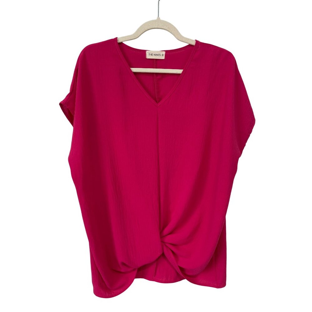 The Nines Blouse Size Small VNeck Short Sleeve Fuchsia Knotted Front Lightweight
